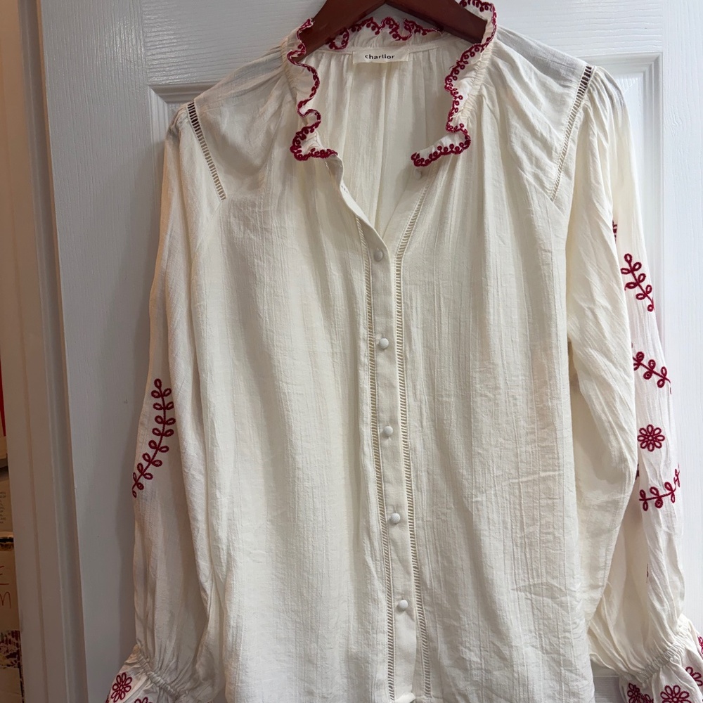 New Charlior Blouse Top Button Down Ruffle Top Medium/Large Embroidered Ruffles